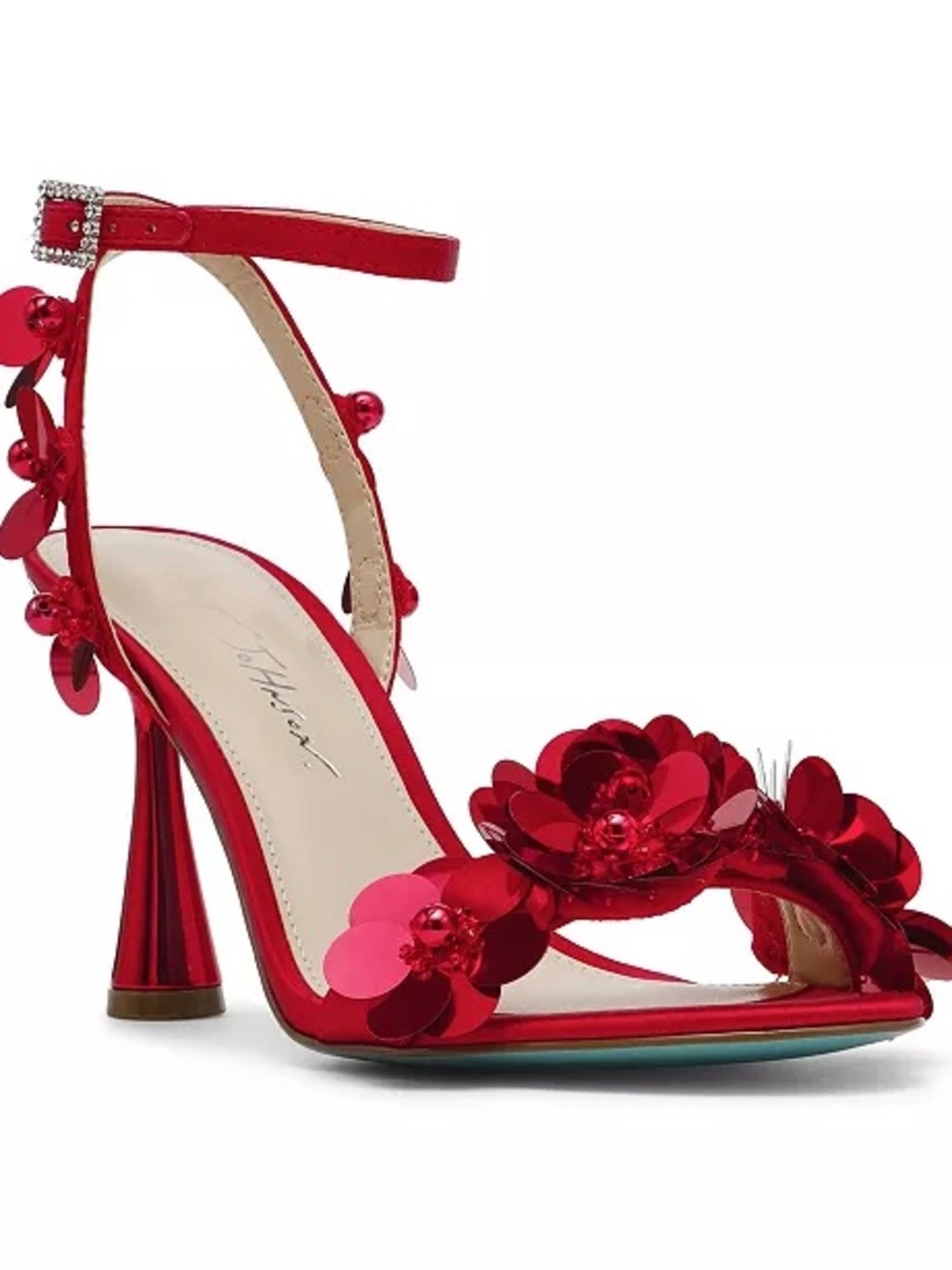 Betsey Johnson Red Floral Sequin Ankle-Strap High Heel Sandal - Picture 2 of 6